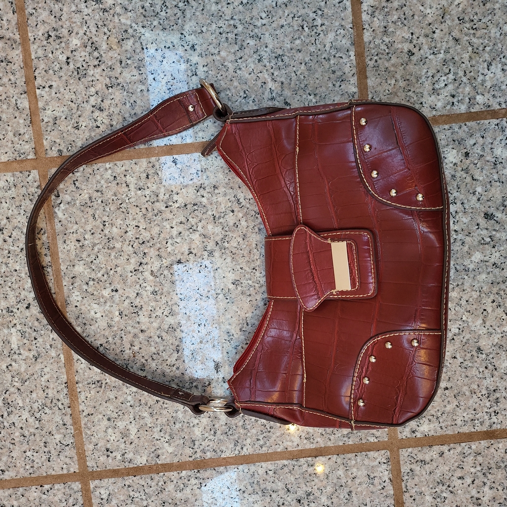 Red, leather handbag.